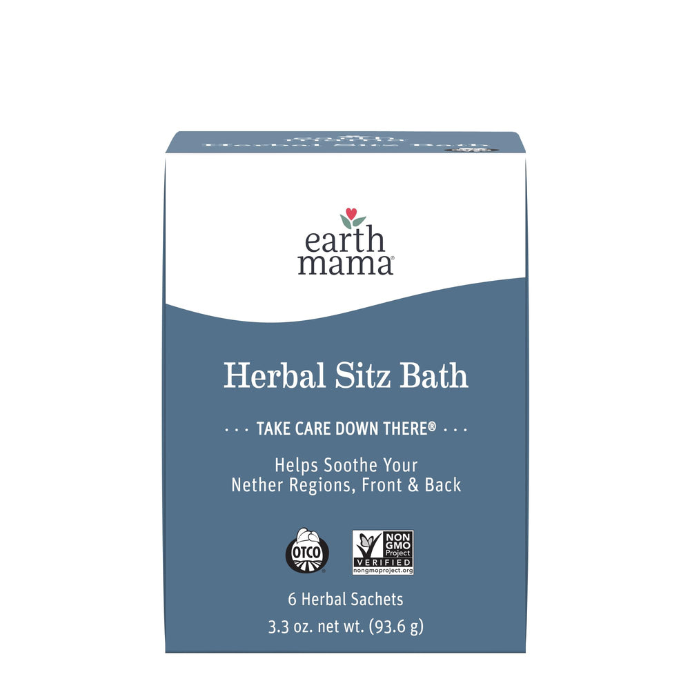 Earth Mama herbal sitz bath packaging shown for convenient postpartum care.