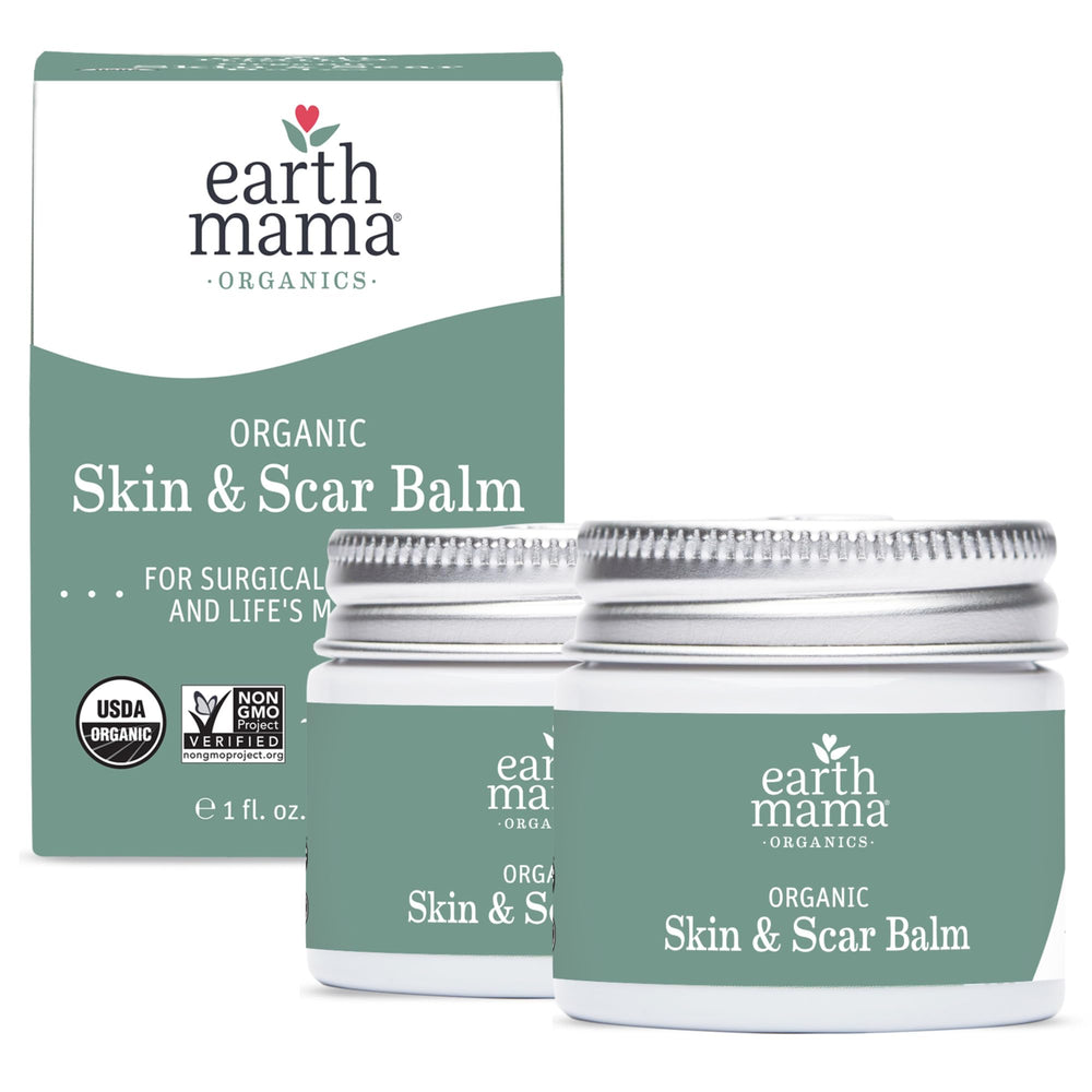 Earth Mama Organic Skin and Scar Balm jar closeup for postpartum skin TLC.