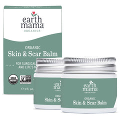 Earth Mama Organic Skin and Scar Balm jar closeup for postpartum skin TLC.