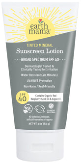 Earth Mama tinted mineral sunscreen lotion tube closeup showing sheer tint for daily sun protection.