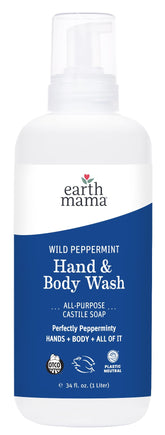 Earth Mama Wild Peppermint Hand and Body Wash bottle with foaming pump for family use