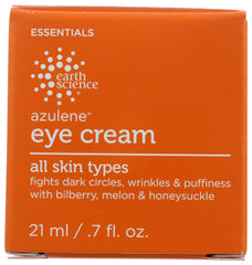Earth Science Azulene Eye Cream jar with soothing blue formula may reduce puffiness