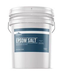 Earthborn Elements Epsom Salt in a resealable bucket for easy storage and long soaking.