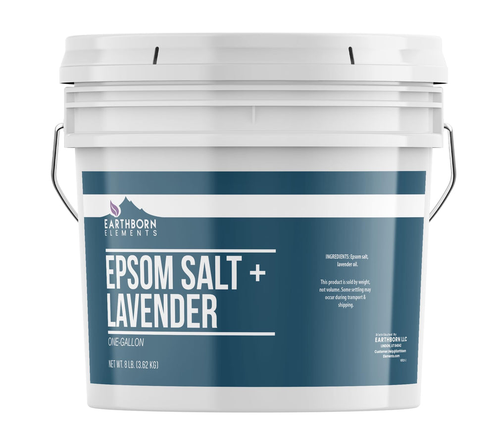 Earthborn Elements Lavender Epsom Salt bottle pour for a relaxing bath
