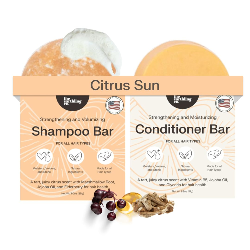 The Earthling Co shampoo bar bottle closeup shows a gentle, all-hair-type formula.