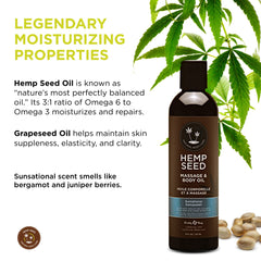 Earthly Body Hemp Seed Massage Oil label—vegan formula for sensitive skin.