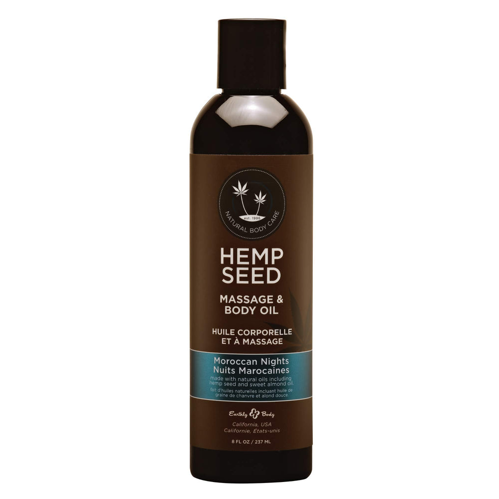 Earthly Body Hemp Seed Massage Oil Moroccan Nights bottle providing deep hydration.