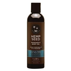 Earthly Body Hemp Seed Massage Oil Moroccan Nights bottle providing deep hydration.