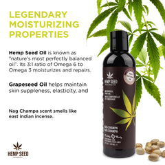 Earthly Body Hemp Seed Massage Oil ingredients with apricot, grapeseed, almond oils for nourishing skin