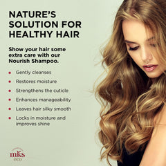 Earthly Body MKS Eco Nourish Shampoo argan oil action for hydration and shine.