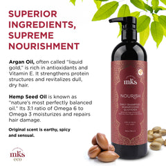 Earthly Body MKS Eco Nourish Shampoo hemp seed oil drops highlight nourishing oils.