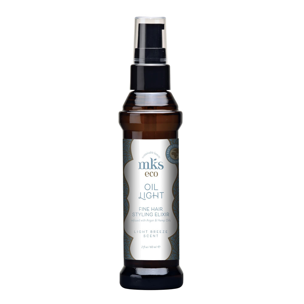 Earthly Body MKS Eco Oil Light Breeze bottle showing a weightless finish for fine hair.