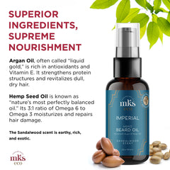 Earthly Body MKS Imperial Beard Oil beard styling scene emphasizes shine and controlled growth.