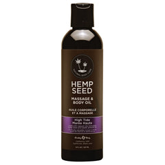 Earthly Body Hemp Seed Massage Oil High Tide bottle pour for smooth glide.