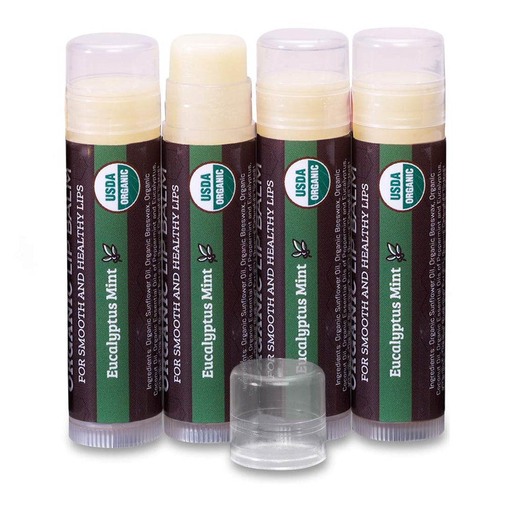 Earth's Daughter eucalyptus mint lip balm 4-pack front, family-friendly packaging.