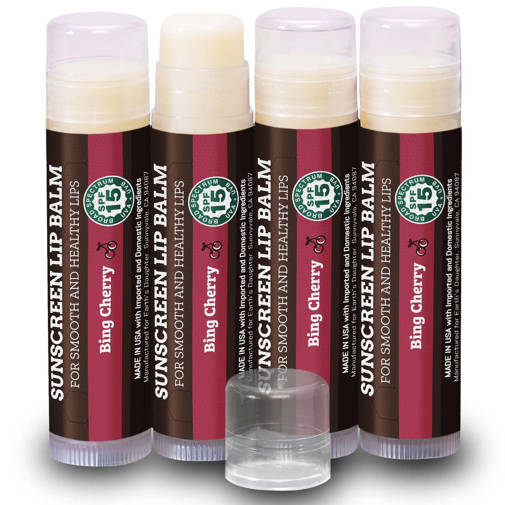 Earth's Daughter SPF lip balm cherry 4-pack packshot shows family-friendly protection