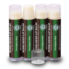 Earth's Daughter SPF lip balm eucalyptus mint 4-pack tube shown for sun protection.