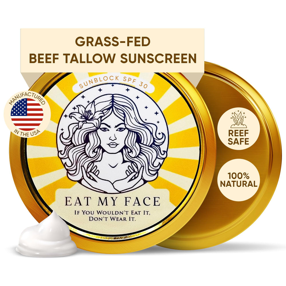 Eat My Face beef tallow sunscreen packaging highlights eco friendly materials.