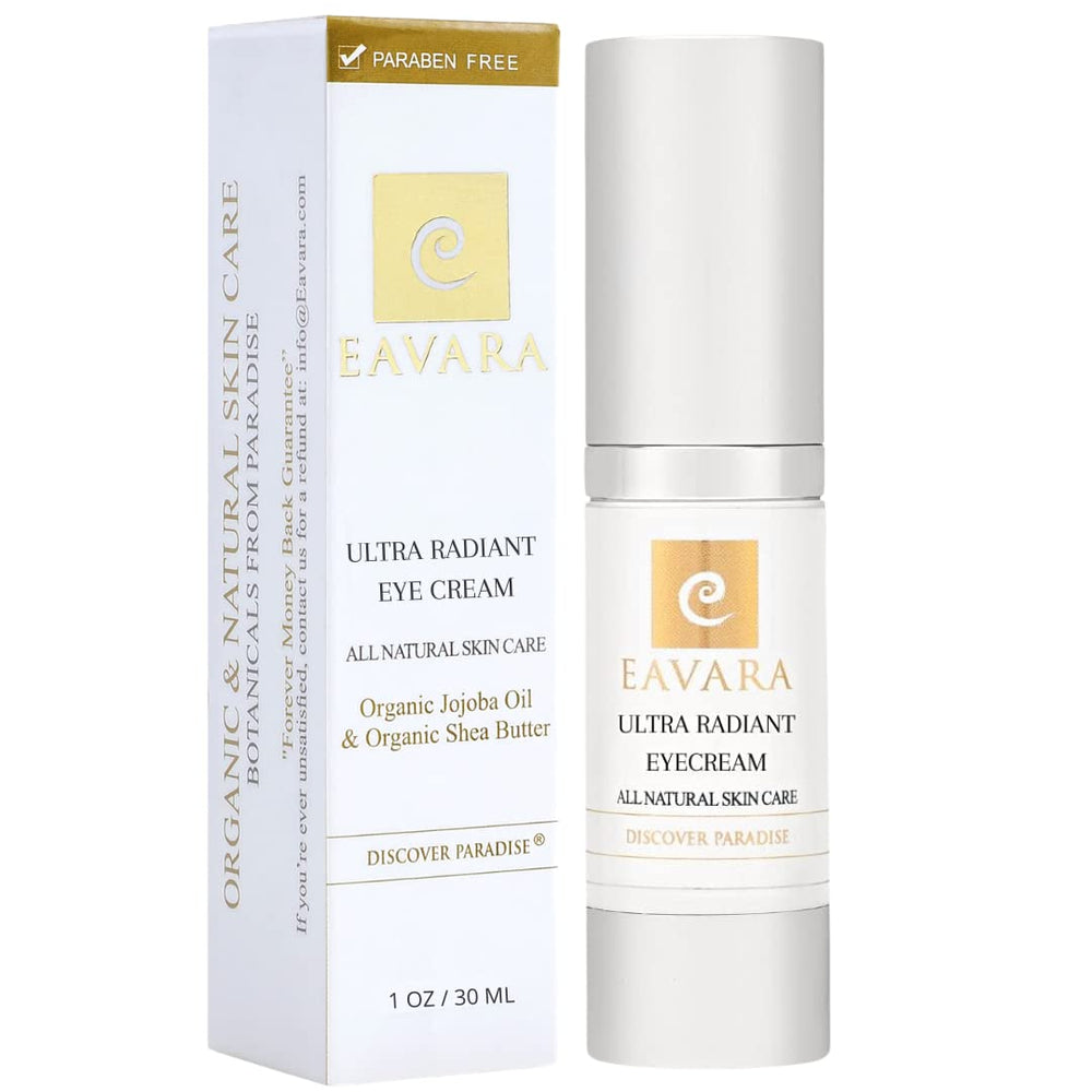 Eavara eye cream tube being applied around the eye for hydration