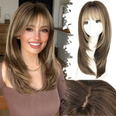 Eawwii wig with bangs front view shows brown-blonde highlights for natural everyday wear.