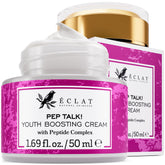 Eclat Skincare anti aging cream bottle with pump showing smooth skin benefits