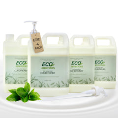Eco Amenities green tea conditioner refill label closeup highlighting eco-friendly packaging benefits