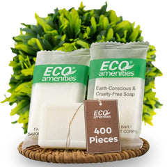 Eco Amenities travel-size bar soap 0.5 oz in sustainable wrap, ideal for hotel guest rooms.
