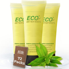 ECO Amenities travel-size shampoo and conditioner set with green tea scent, ideal for bulk hotel rooms