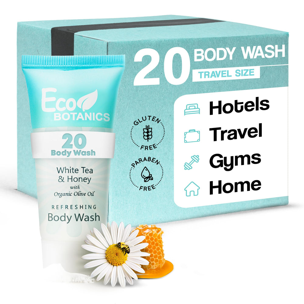 Eco Botanics travel-size body wash bottle close-up highlighting gentle guest cleansing