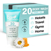 Eco Botanics travel-size body wash bottle close-up highlighting gentle guest cleansing