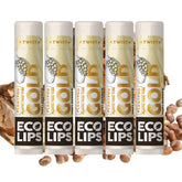 Eco Lips GOLD lip balm packaging highlights organic ingredients with plastic-free, eco-friendly design.