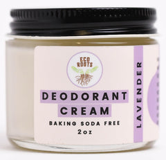 Eco Roots natural deodorant cream bottle with lavender scent for lasting freshness.