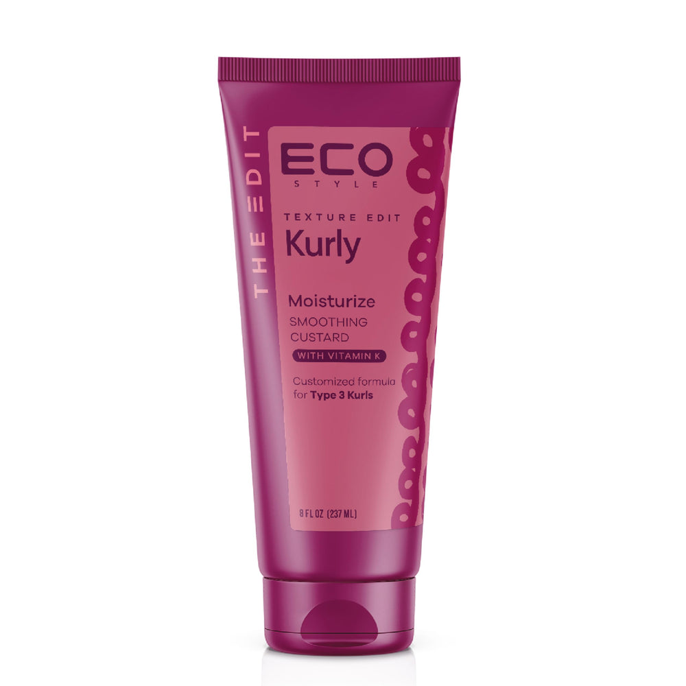Eco Style Texture Edit Kurly Moisturize cream bottle shows smoothing potential for Type 3 curls.