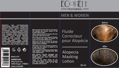 Ecobell alopecia masking lotion before-after snapshot highlights natural-looking fullness.