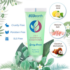 EcoEarth 1oz bottle on hotel bathroom shelf for quick refreshment.