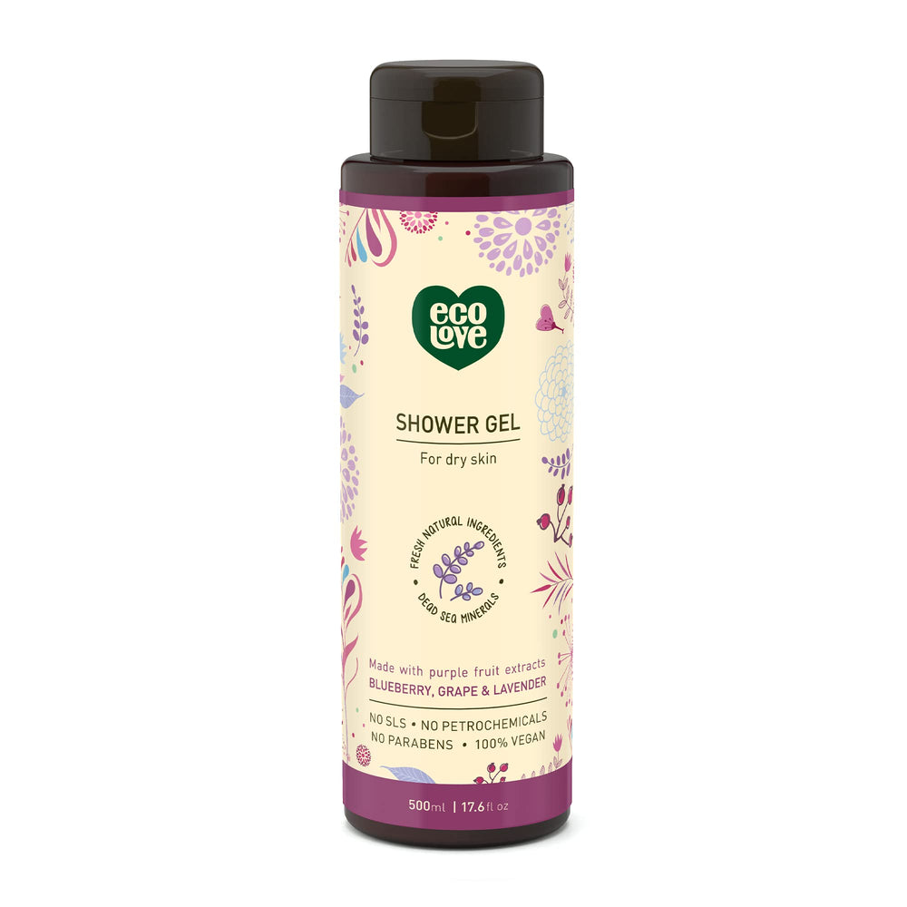 ecoLove bottle featuring blueberry grape and lavender blend for hydrating cleansing.