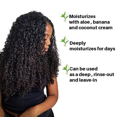Ecoslay Banana Cream Deep Conditioner label emphasizing plant-based ingredients and versatility.