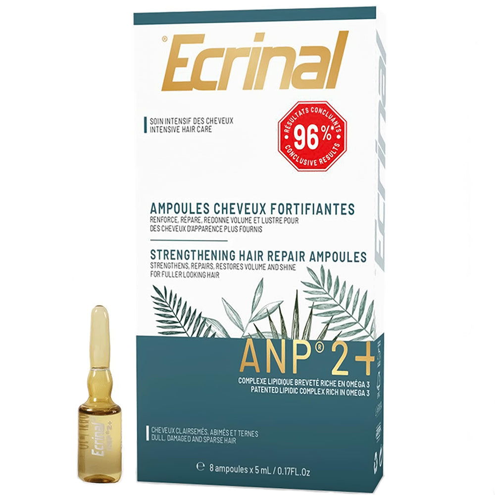 Ecrinal ANP2 hair growth ampoules pack front showing eight ampoules for stronger hair