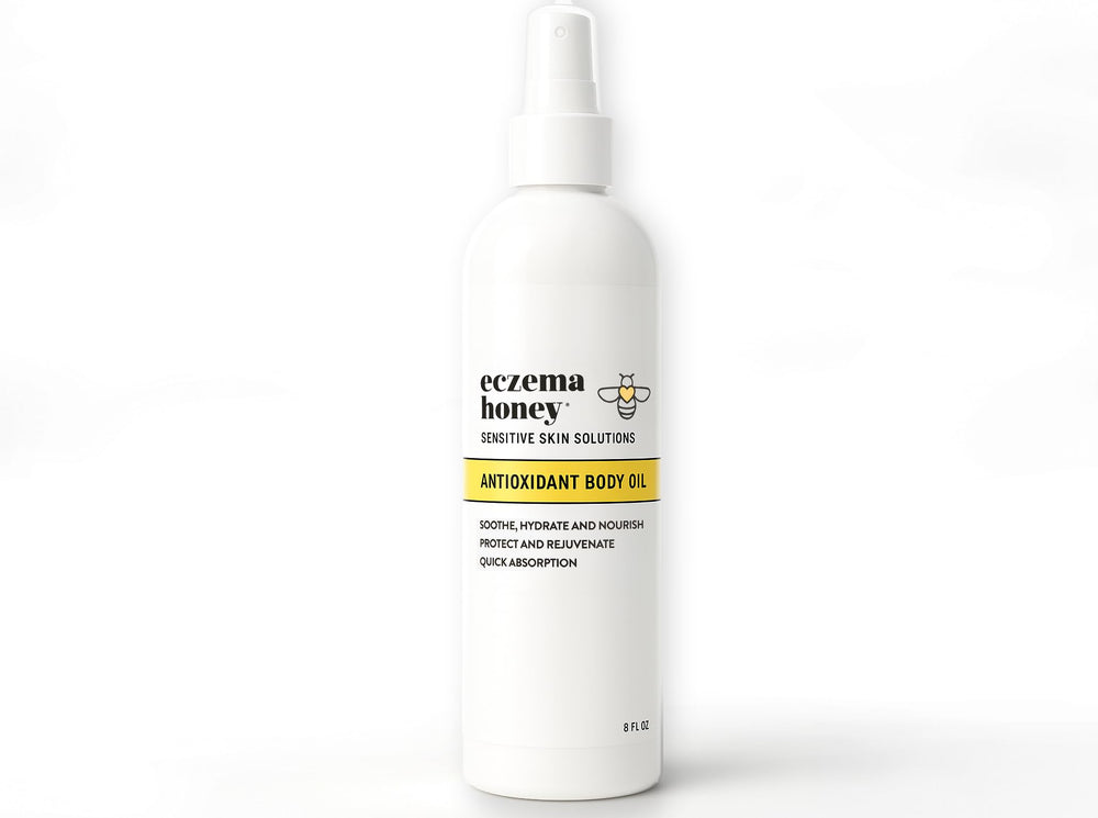 ECZEMA HONEY Antioxidant Body Oil bottle for daily moisturization after shower.