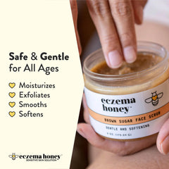 ECZEMA HONEY Brown Sugar Scrub jar open highlighting fragrance-free, nourishing formula.
