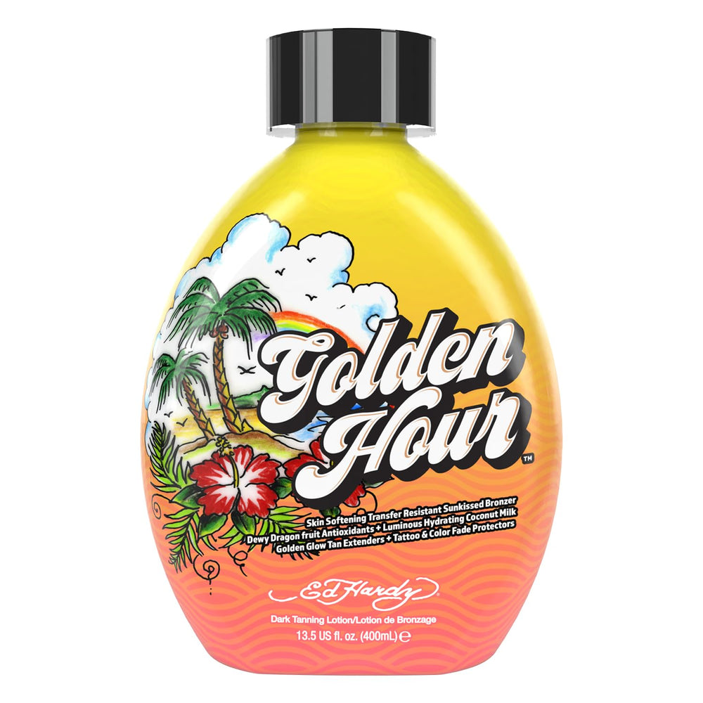 ED HARDY Tanovations Golden Hour bottle-pour showing transfer-resistant bronzer in action