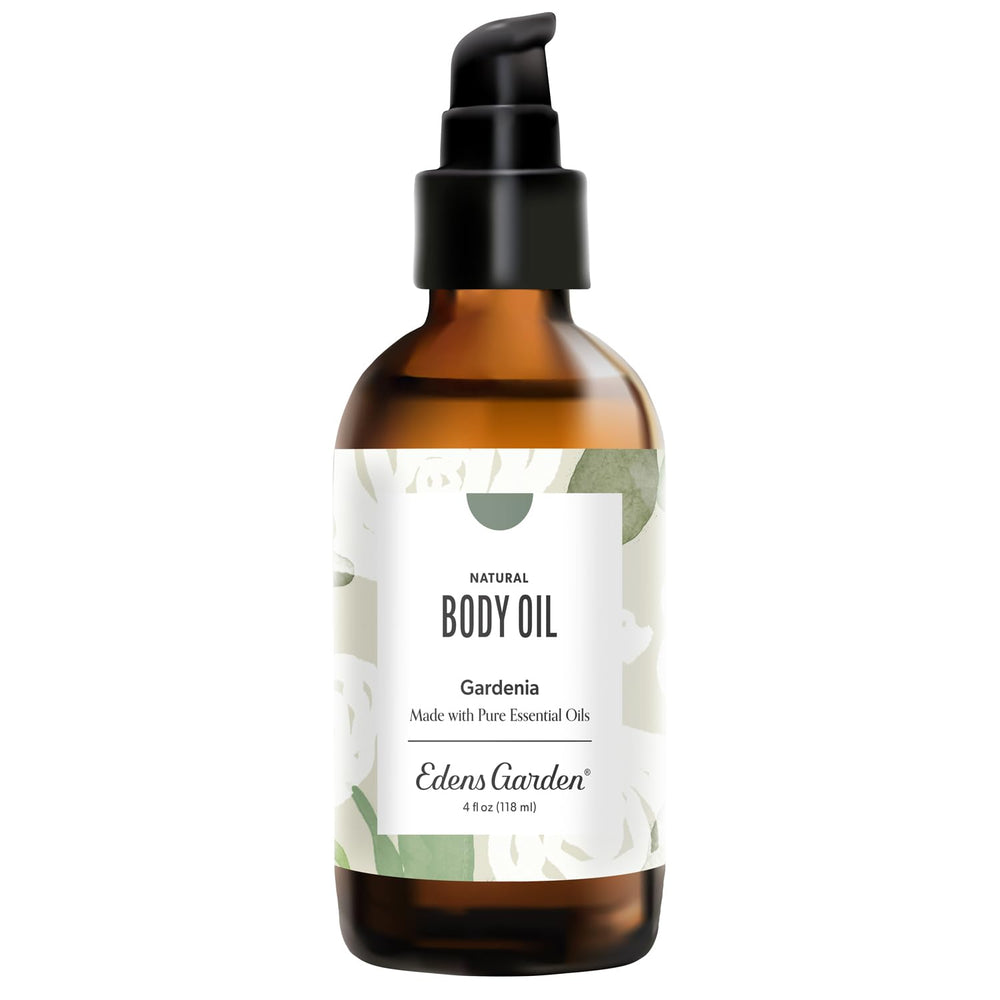 Edens Garden Gardenia Body Oil bottle for rich, moisturized skin.