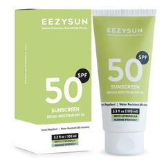 EEZYSUN SPF50 sunscreen bottle showing reef-safe outdoor protection.