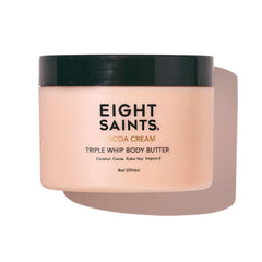 Eight Saints Cocoa Creme Body Butter jar showing rich hydration for dry skin.