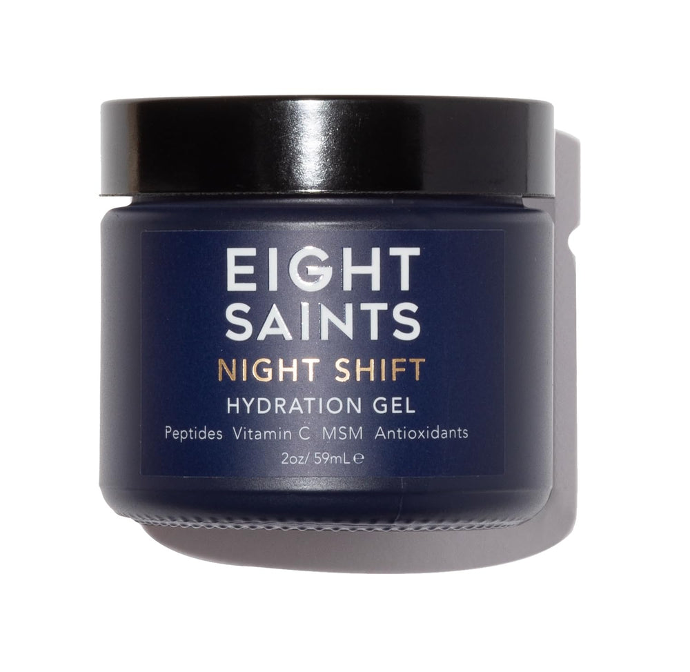 Eight Saints Night Shift bottle closeup showing a fragrance-free, lightweight anti-aging gel for overnight hydration.
