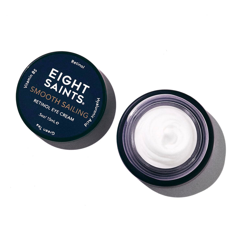 Eight Saints Retinol Eye Cream bottle shows fragrance-free formula for gentle under-eye smoothing
