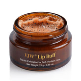 EJW Triple-Action Lip Scrub jar with brown sugar, coffee, pearlite for gentle exfoliation on dry lips.