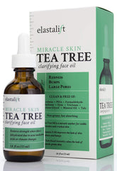 Elastalift Tea Tree Oil spot-treatment bottle close-up; non-irritating formula for clearer skin.
