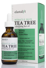 Elastalift Tea Tree Oil spot-treatment bottle close-up; non-irritating formula for clearer skin.