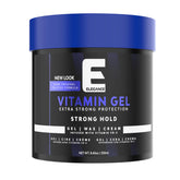 E Elegance Vitamin Gel bottle pour showing hold and protection for hair.